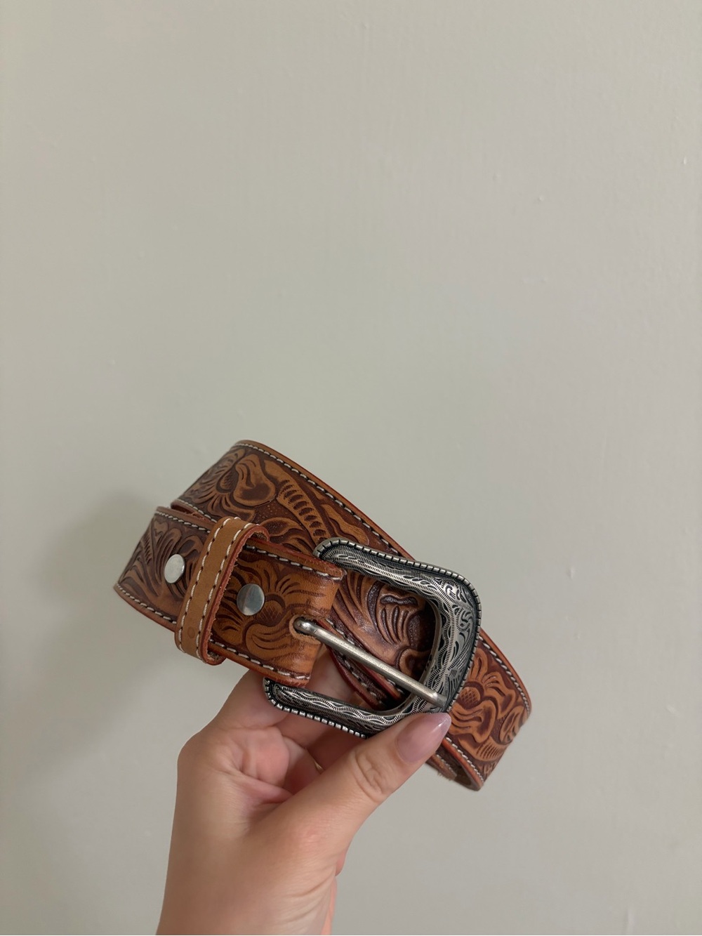Tooled Tan Leather Belt with Engraved Silver Buckle
